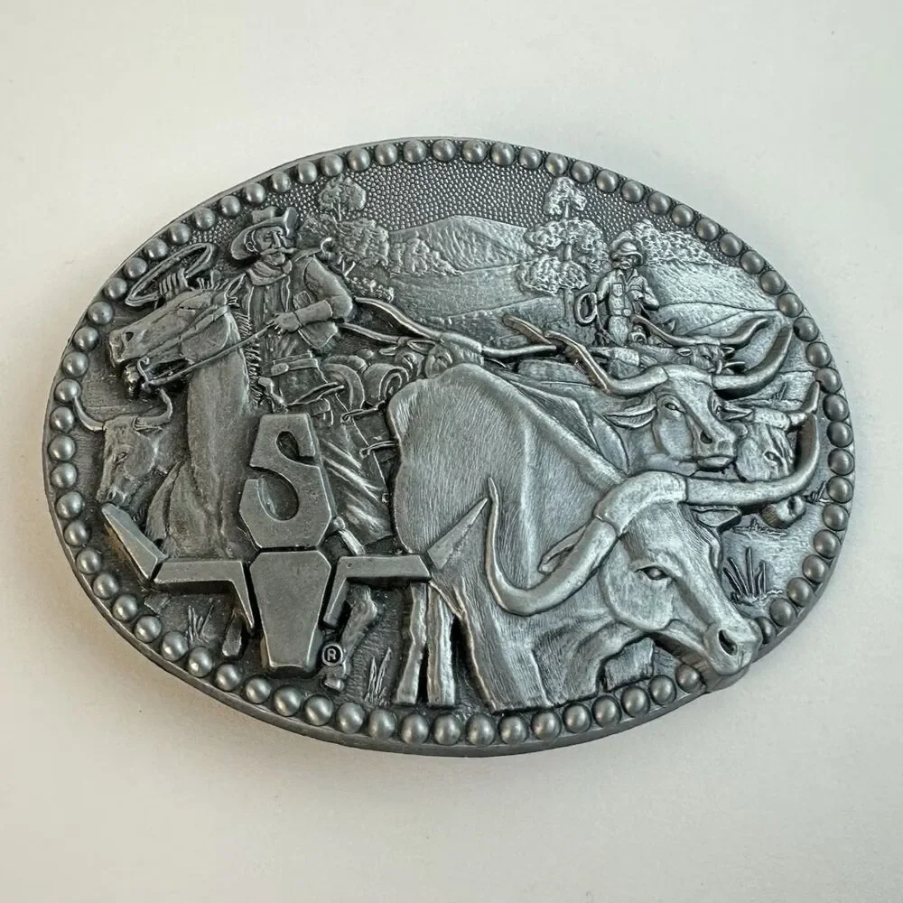 Vintage Western Cattle Drive Belt Buckle ZEE Series USA Noble OK Rodeo Longhorns